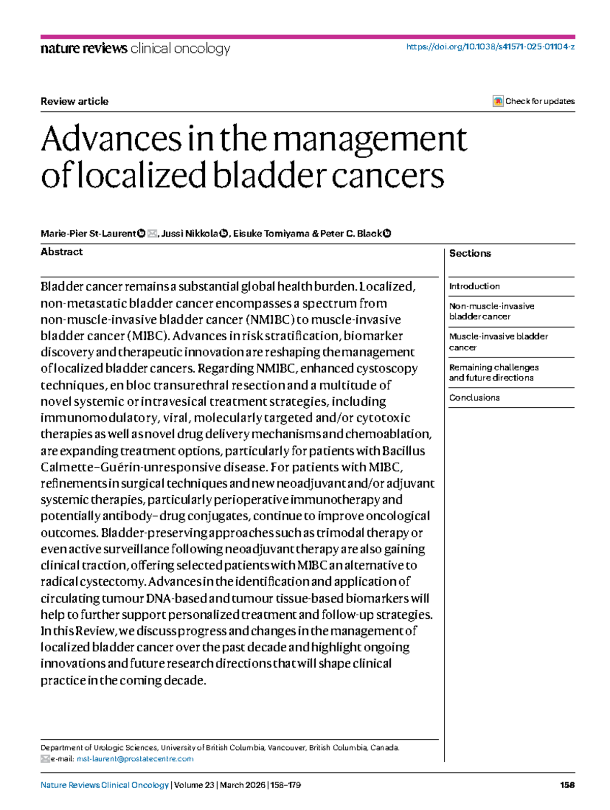 Advances in Localized Bladder Cancer Management: Nature Reviews ...