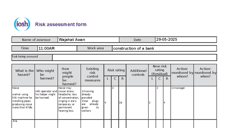 IOSH Risk Assessment - Construction Bank Task Evaluation - Studocu