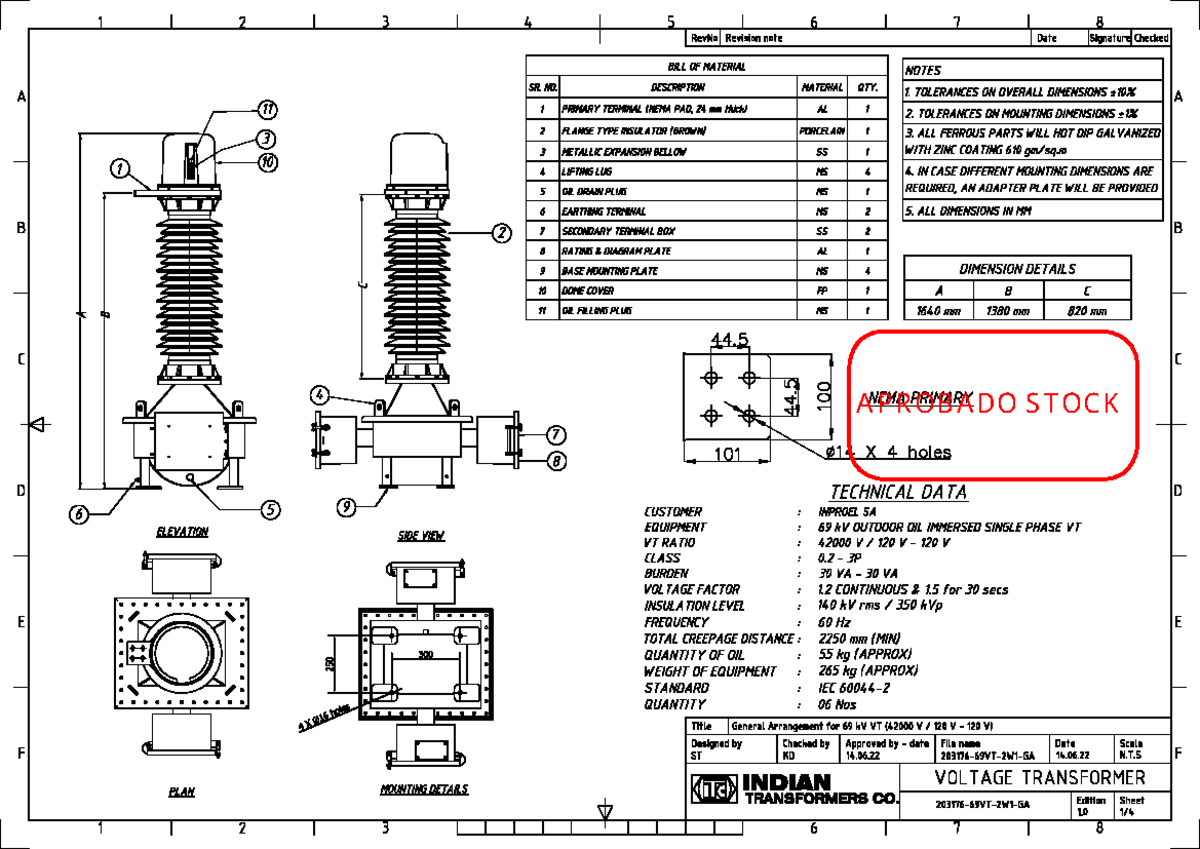 69 kV Voltage Transformer (VT) General Arrangement & Details - Studocu