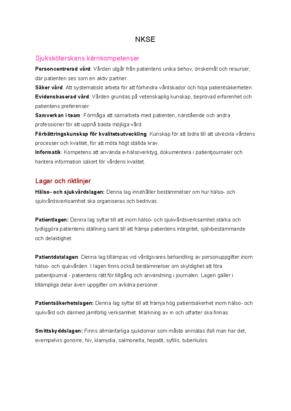 NKSE - Viktiga kunskaper för Sjuksköterskans kärnkompetenser - Studocu