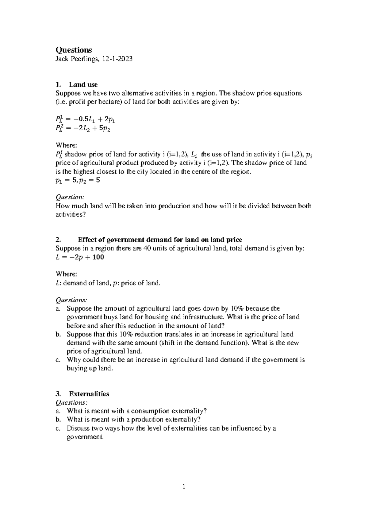 OEF 2023 - Exercises with Answers on Land Use and Economics - Studeersnel
