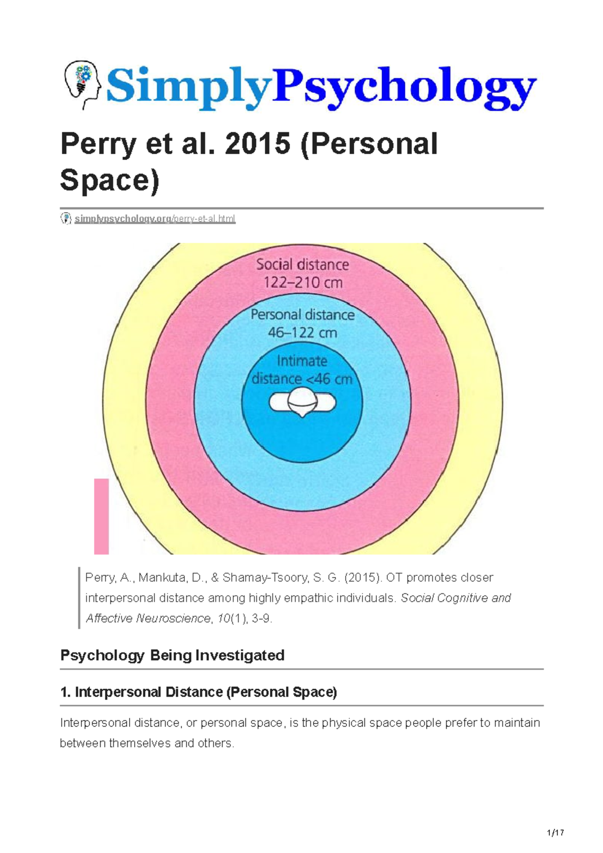 Psy 101: Exam Prep on Perry et al. 2015 - Interpersonal Distance ...