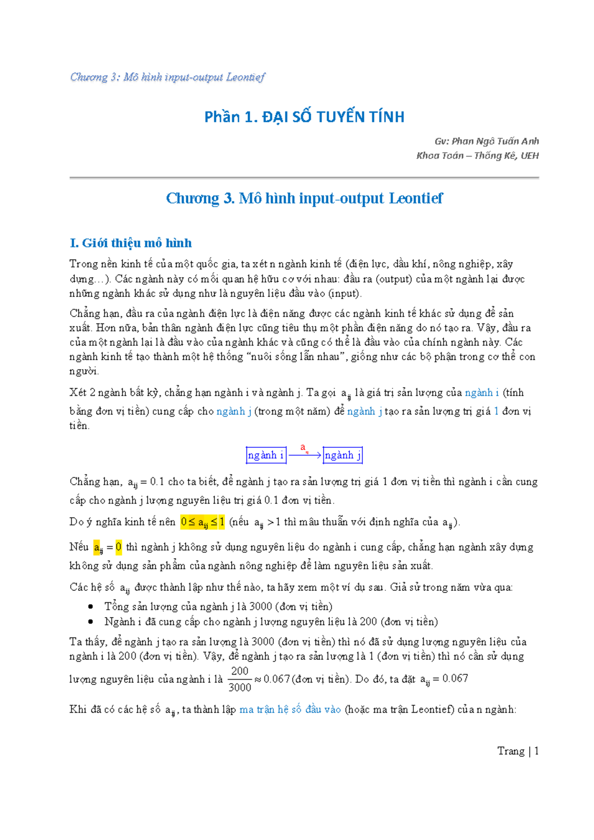 Chương 3: Mô hình Input-Output Leontief - ĐẠI SỐ TUYẾN TÍNH - Studocu
