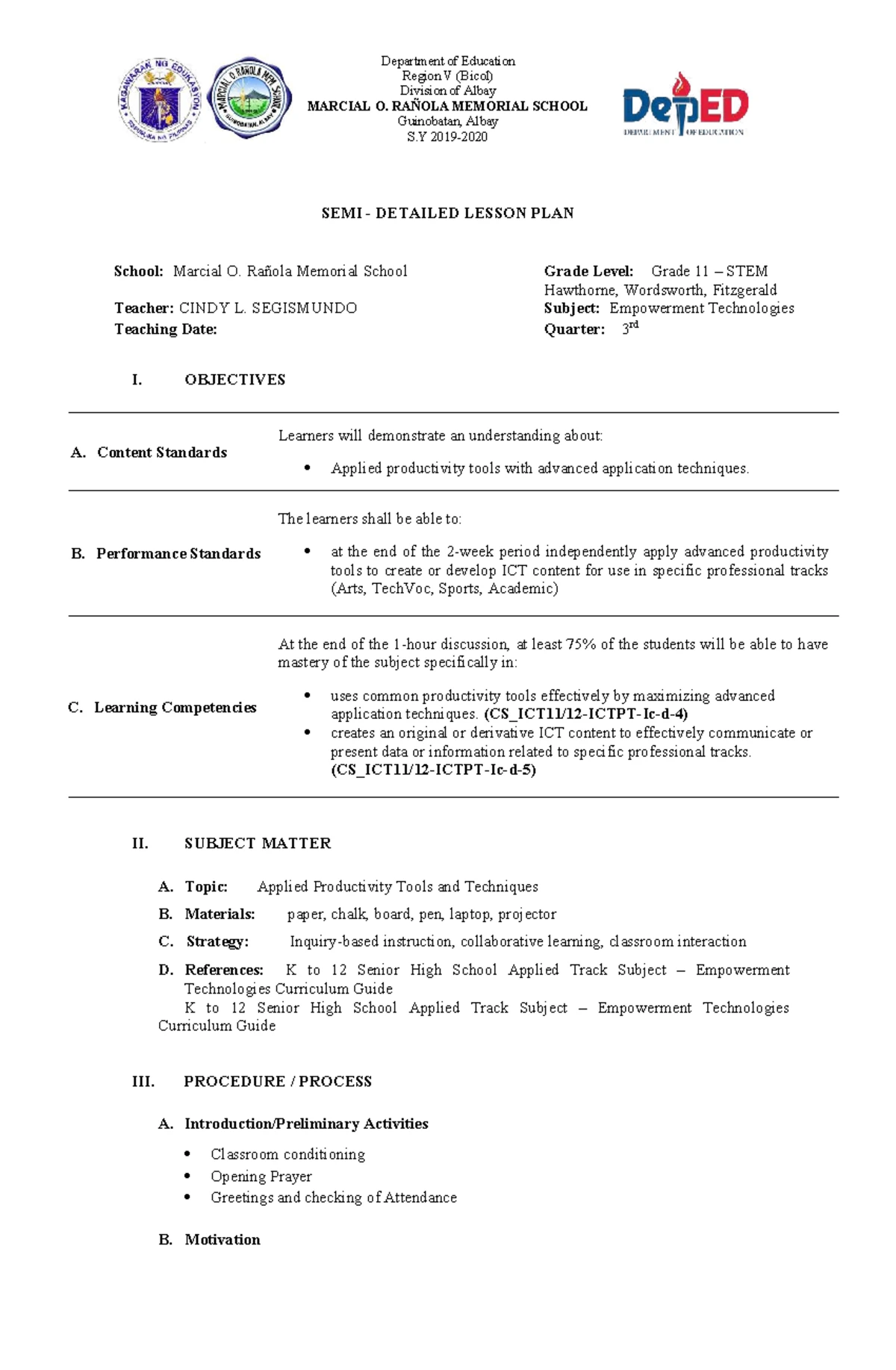Detailed Lesson Plan: Empowerment Technology (Grade 11) - LP Lesson 3 ...
