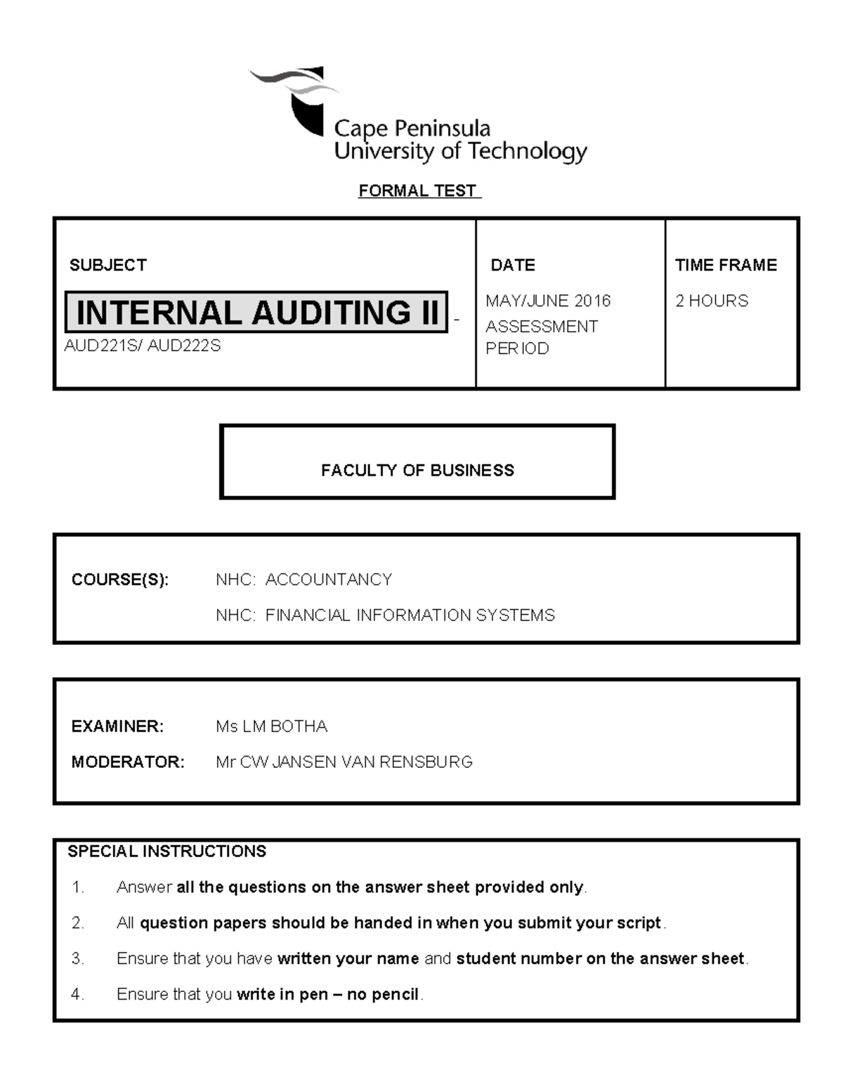 Internal Auditing II Final Exam June 2016 - 75 Marks Assessment - Studocu