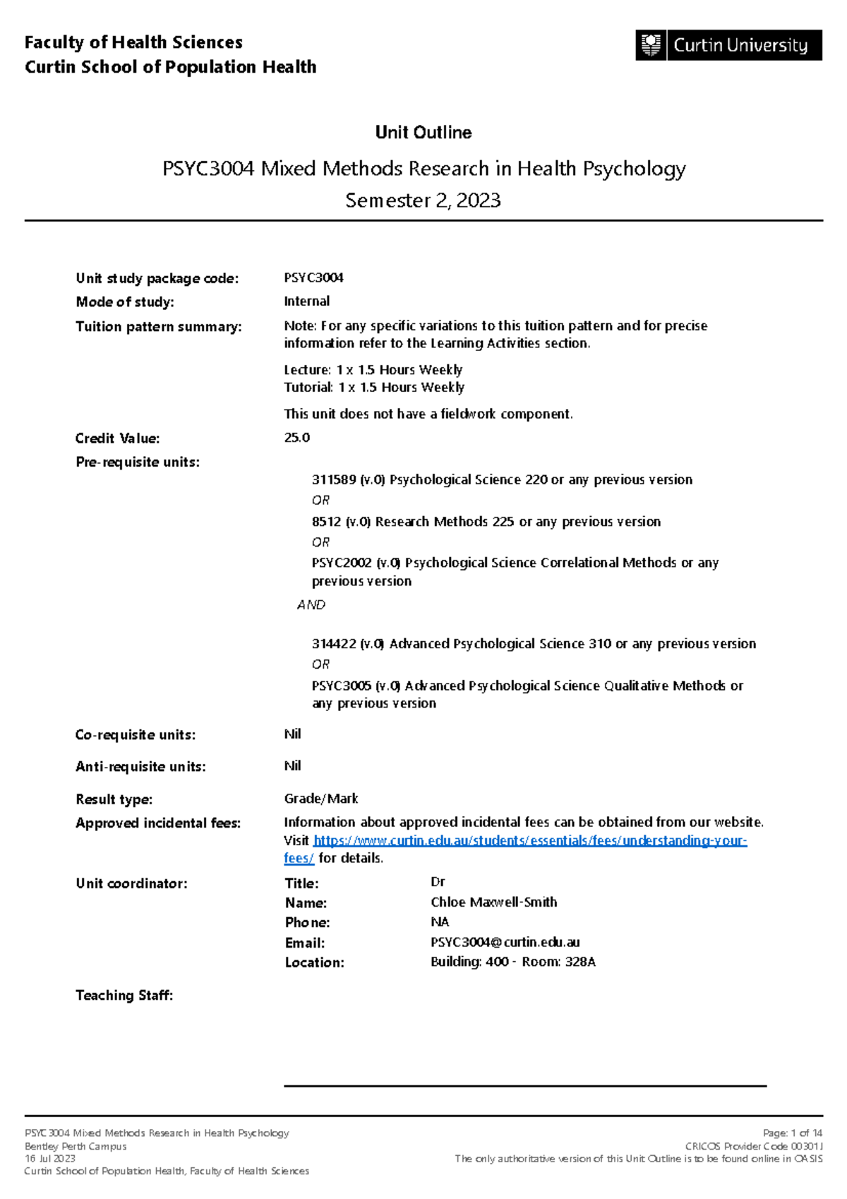 PSYC3004 Unit Outline: Mixed Methods Research in Health Psychology ...