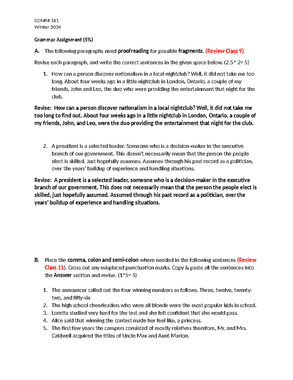 Grammar Assignment - COMM 161 Winter 2024 Grammar Assignment (5%) A ...