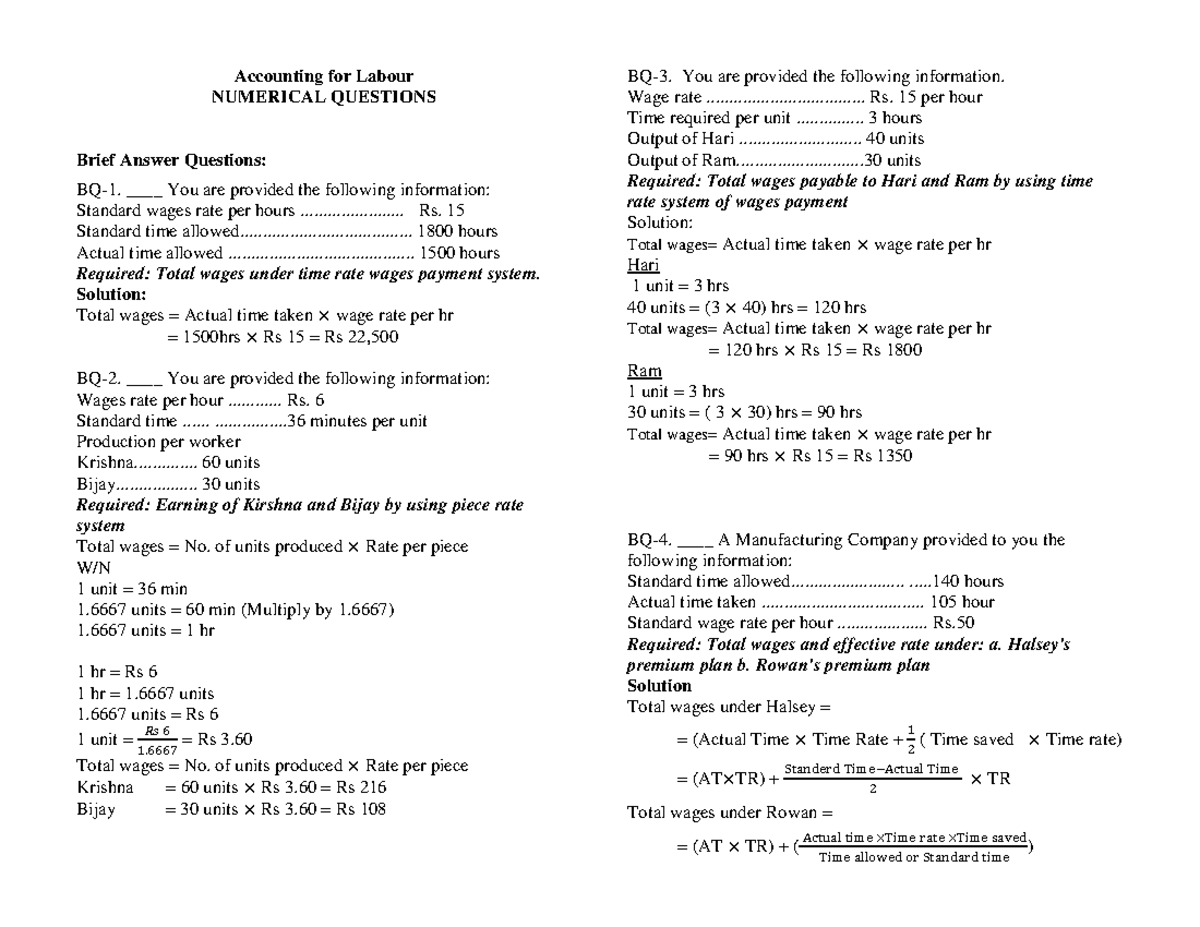Accounting for Labour: Numerical Questions on Wage Systems (ACCT 101 ...