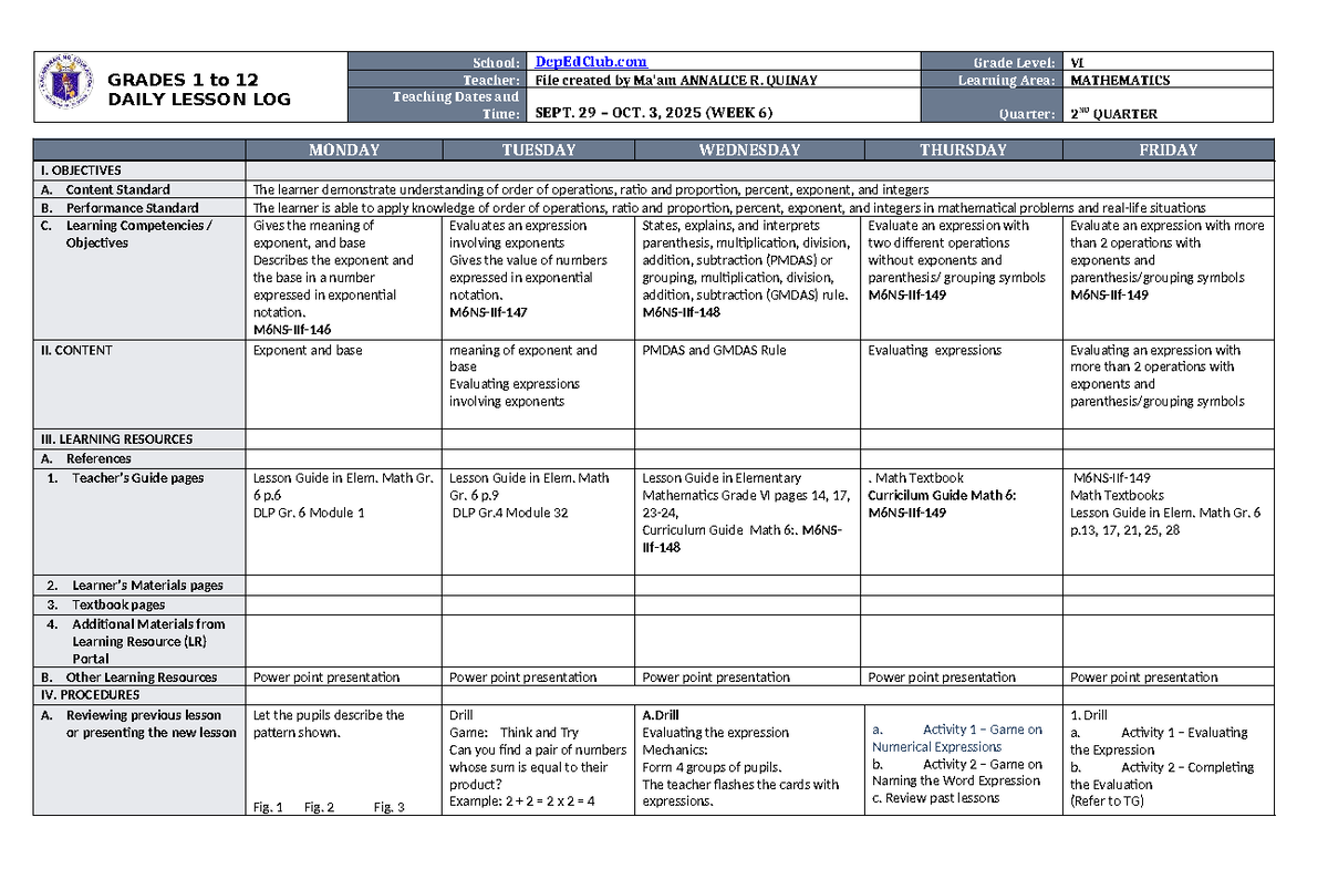DLL Mathematics 6 Q2 W6: Daily Lesson Log for Grade 6 Math - Studocu