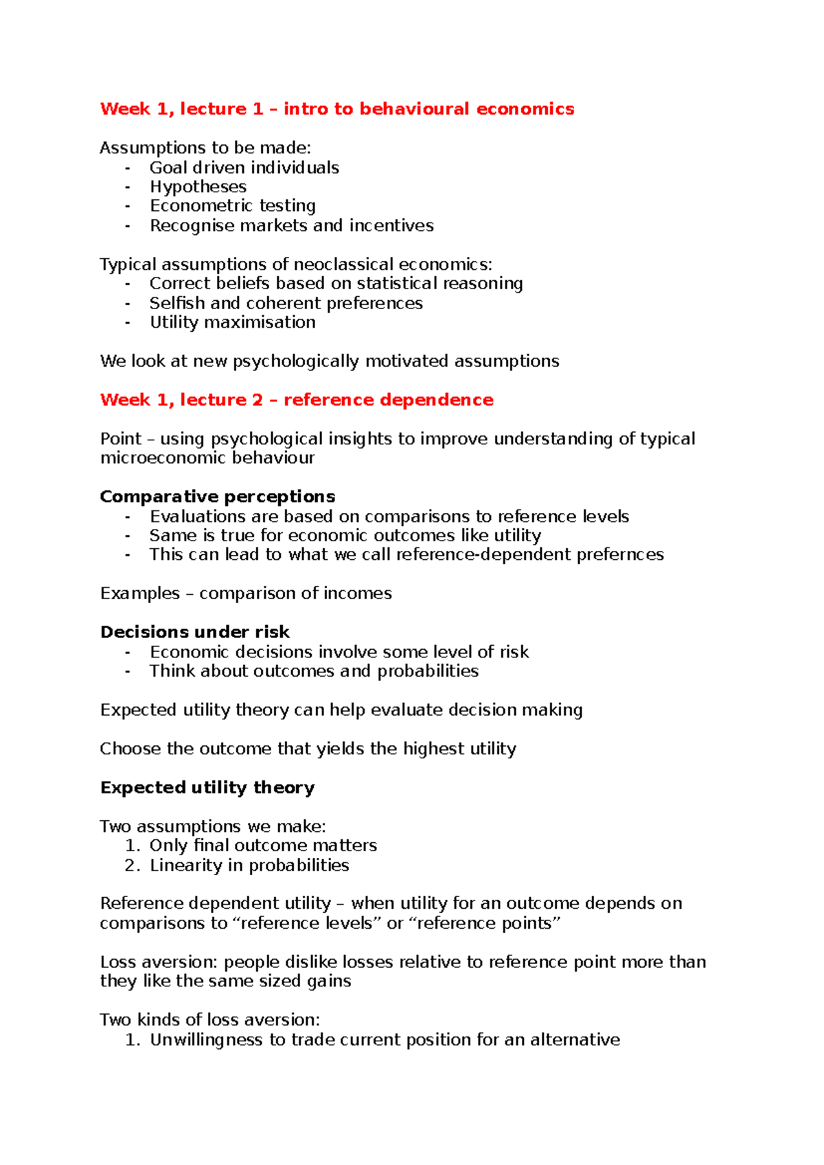 Behavioural Economics Notes: Week 1-5 Lectures Overview - Studocu
