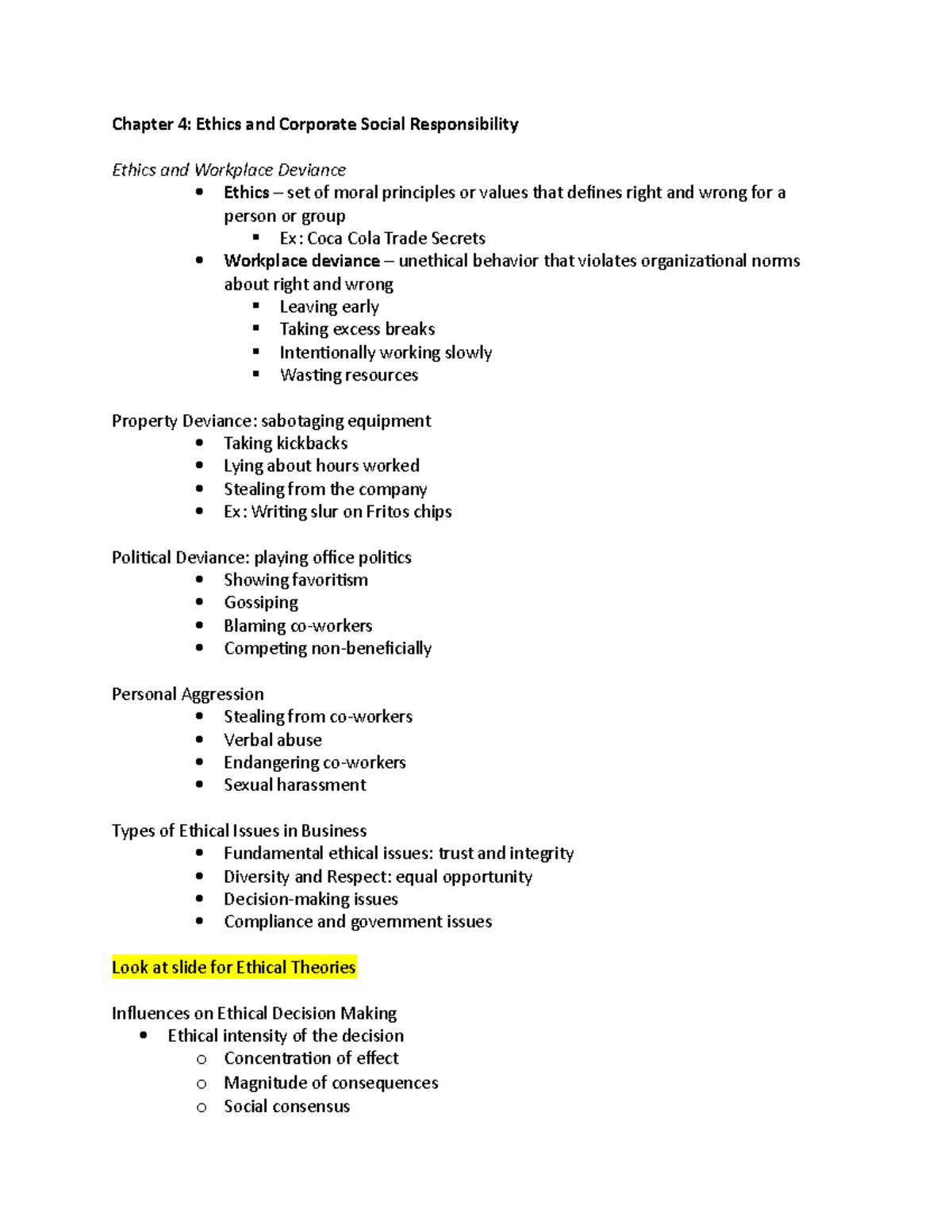 Chapter 4 Notes - Ethics & Corporate Social Responsibility Overview ...
