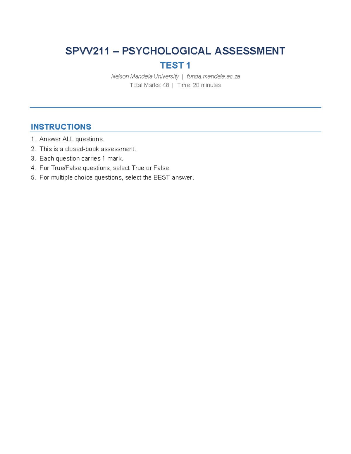 SPVV211 PSYCHOLOGICAL ASSESSMENT TEST 1 MEMO - Nelson Mandela ...