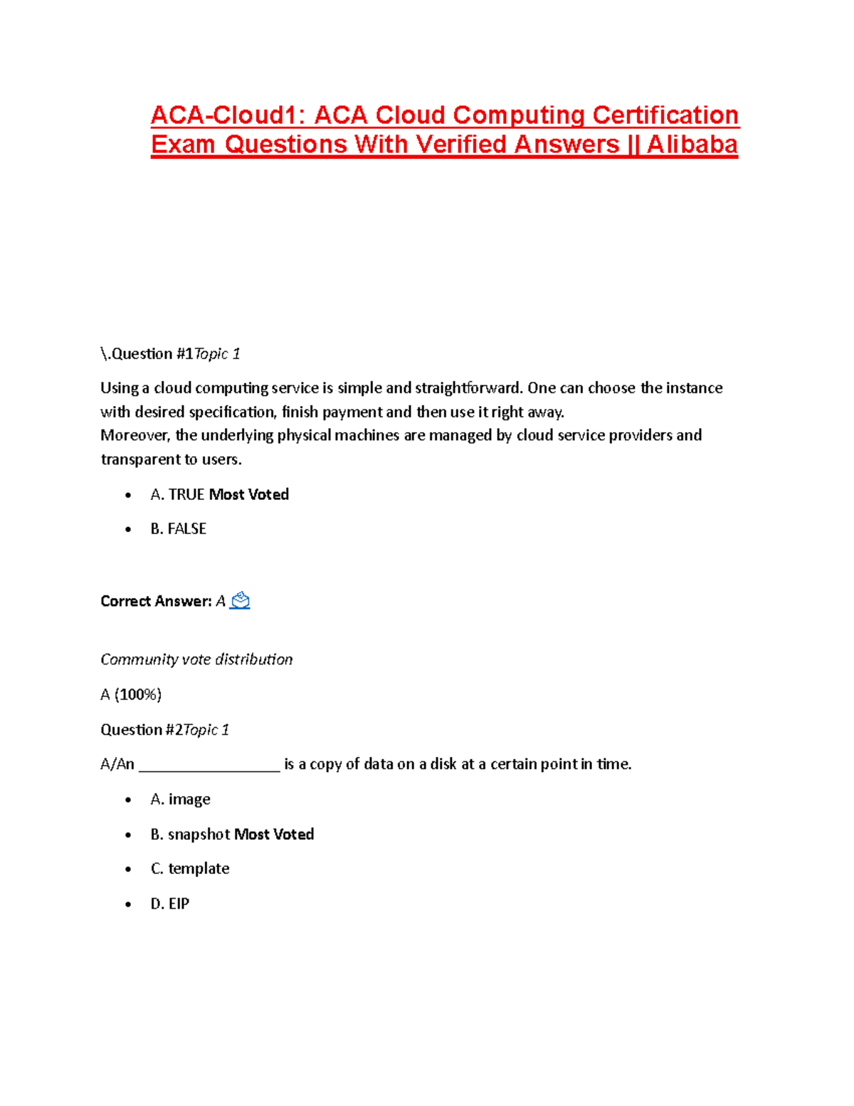 Alibaba ACA Cloud 1 Certification Exam Questions & Answers - Studocu