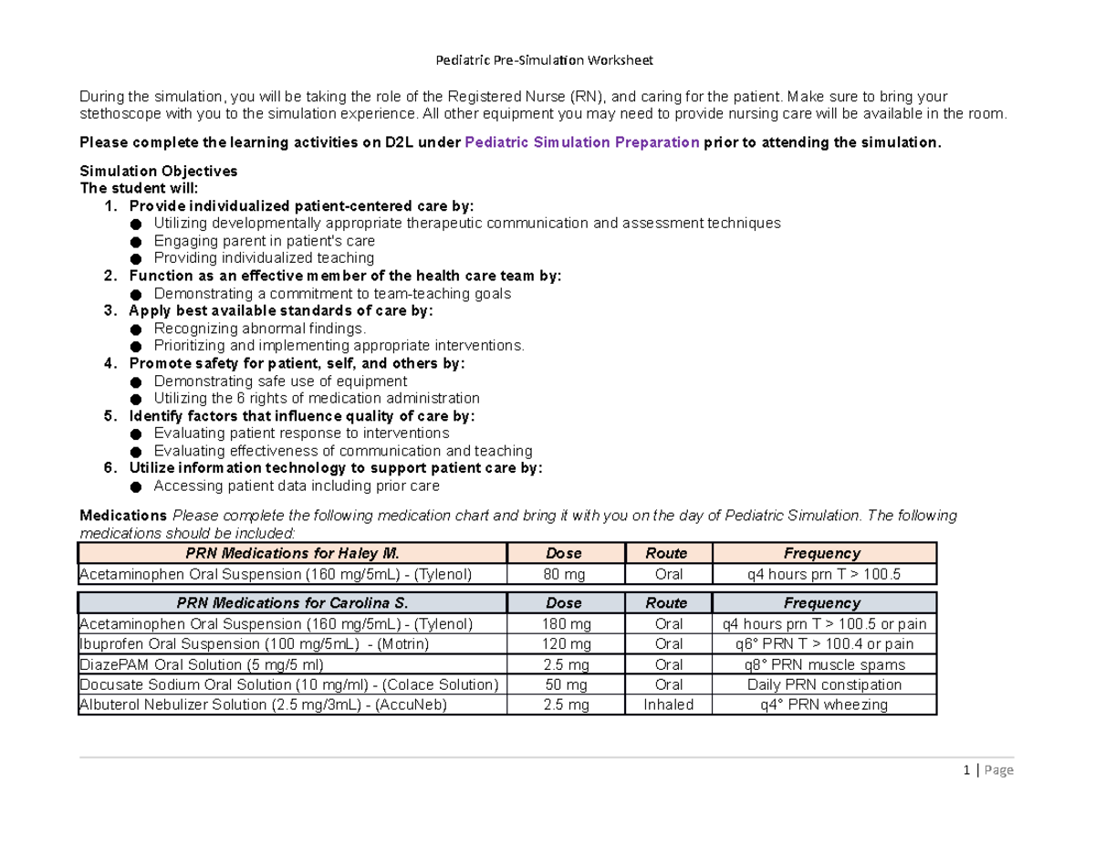 NUR 158 Pediatric Pre-Simulation Worksheet 1 and Medication Guide - Studocu
