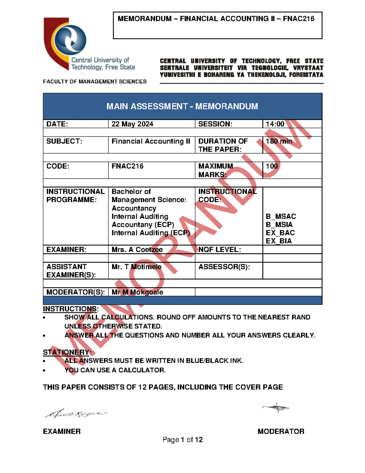 FNAC115 Financial Accounting I Test 1 Memorandum 2025 - Studocu