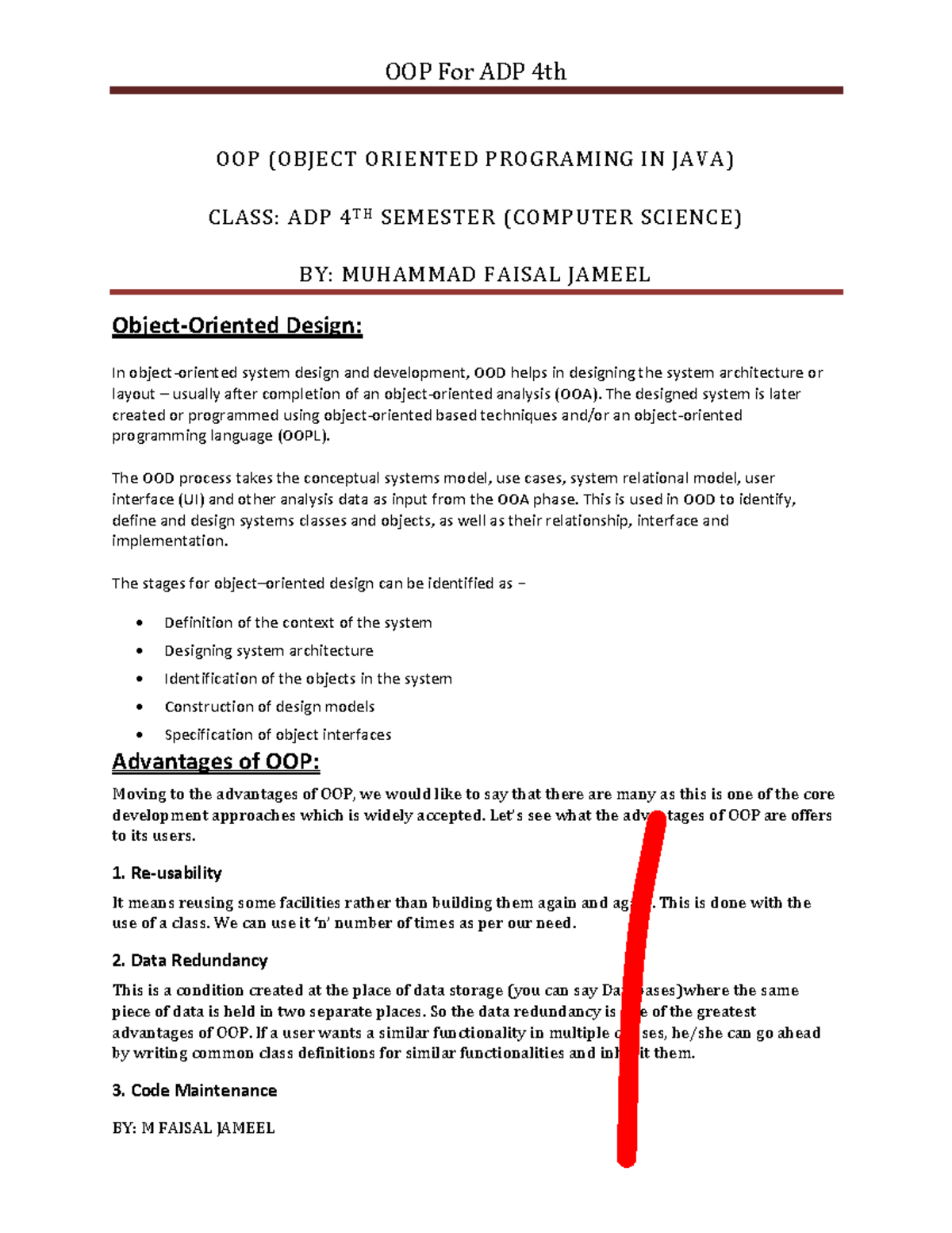 OOP Concepts and Advantages for ADP 4th Semester (CS) - Studocu