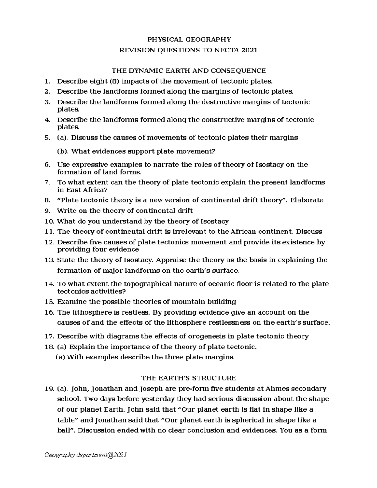 Bank of questions physical geography edited - Copy - PHYSICAL GEOGRAPHY ...