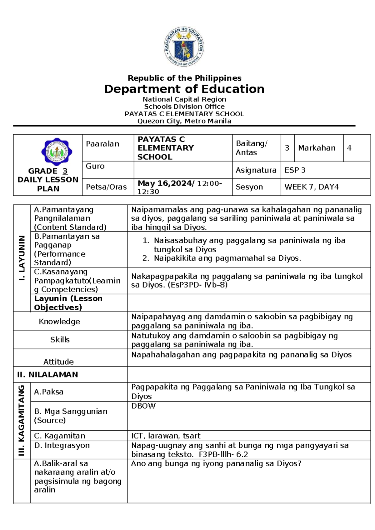 ESP 3 Q4 W7 D4 - ESP for grade 3 learners - Republic of the Philippines ...