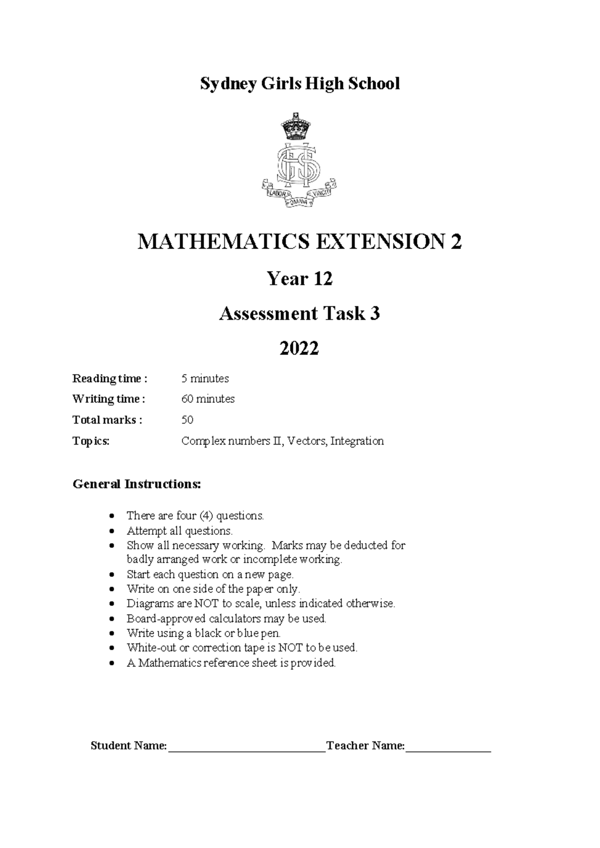 2022 Extension 2 Task 3 - Exam task - Sydney Girls High School ...