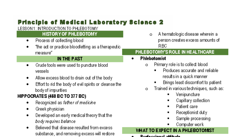PMLS-2: Lesson 1 - Introduction to Phlebotomy and Its History - Studocu