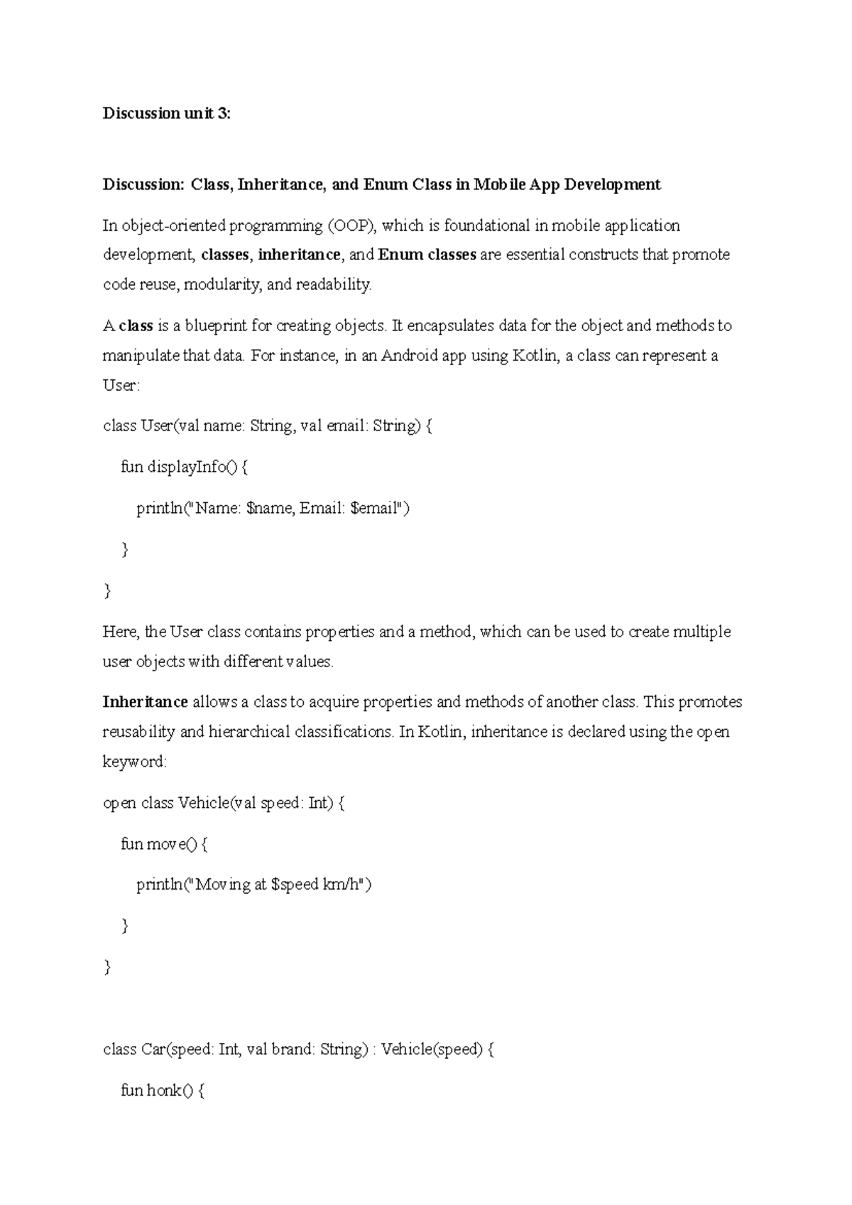 Discussion Unit 3: Class, Inheritance & Enum in OOP for Mobile Apps ...