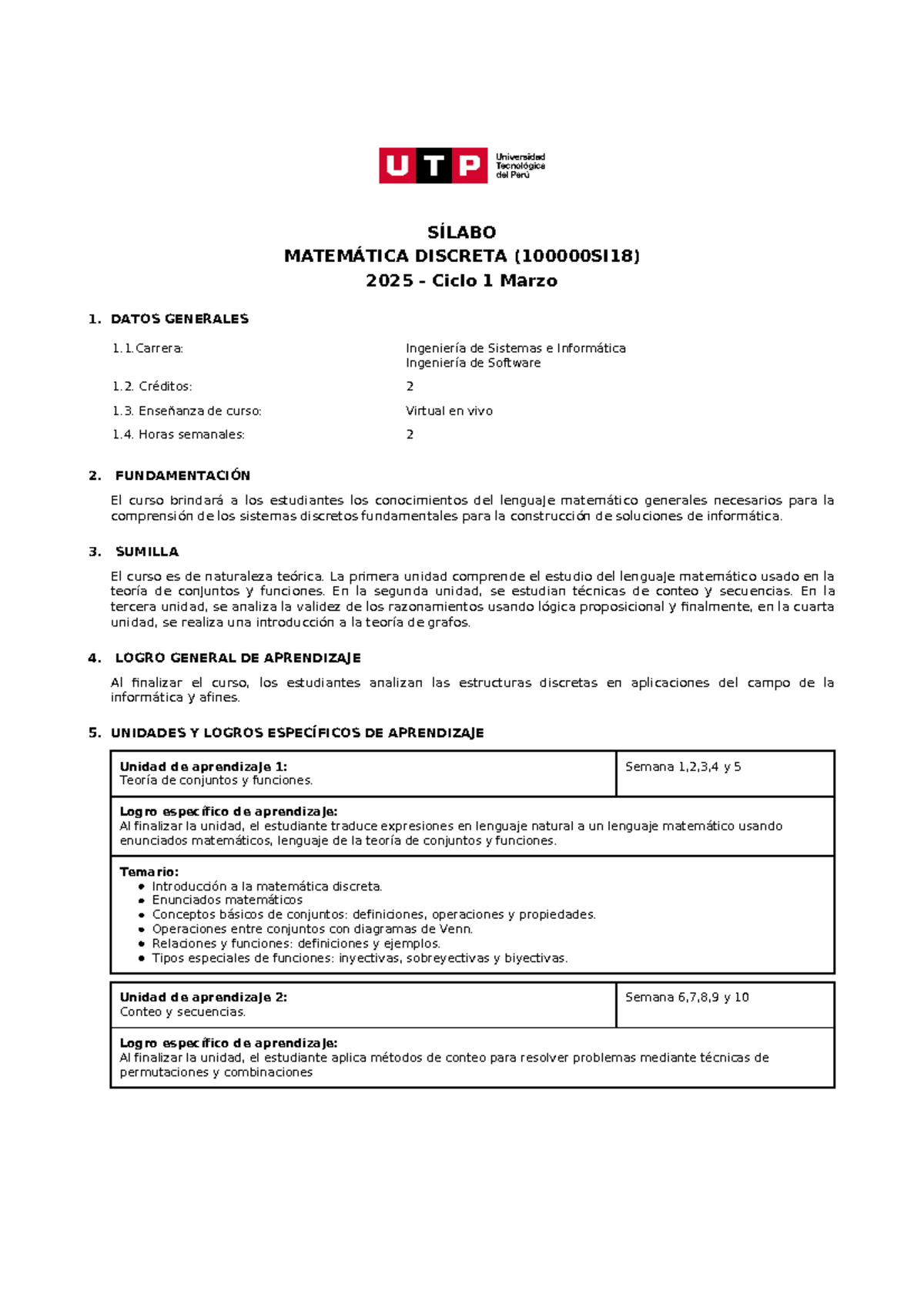 Sílabo 2025 de Matemática Discreta (100000SI18) - Ciclo 1 - Document Preview