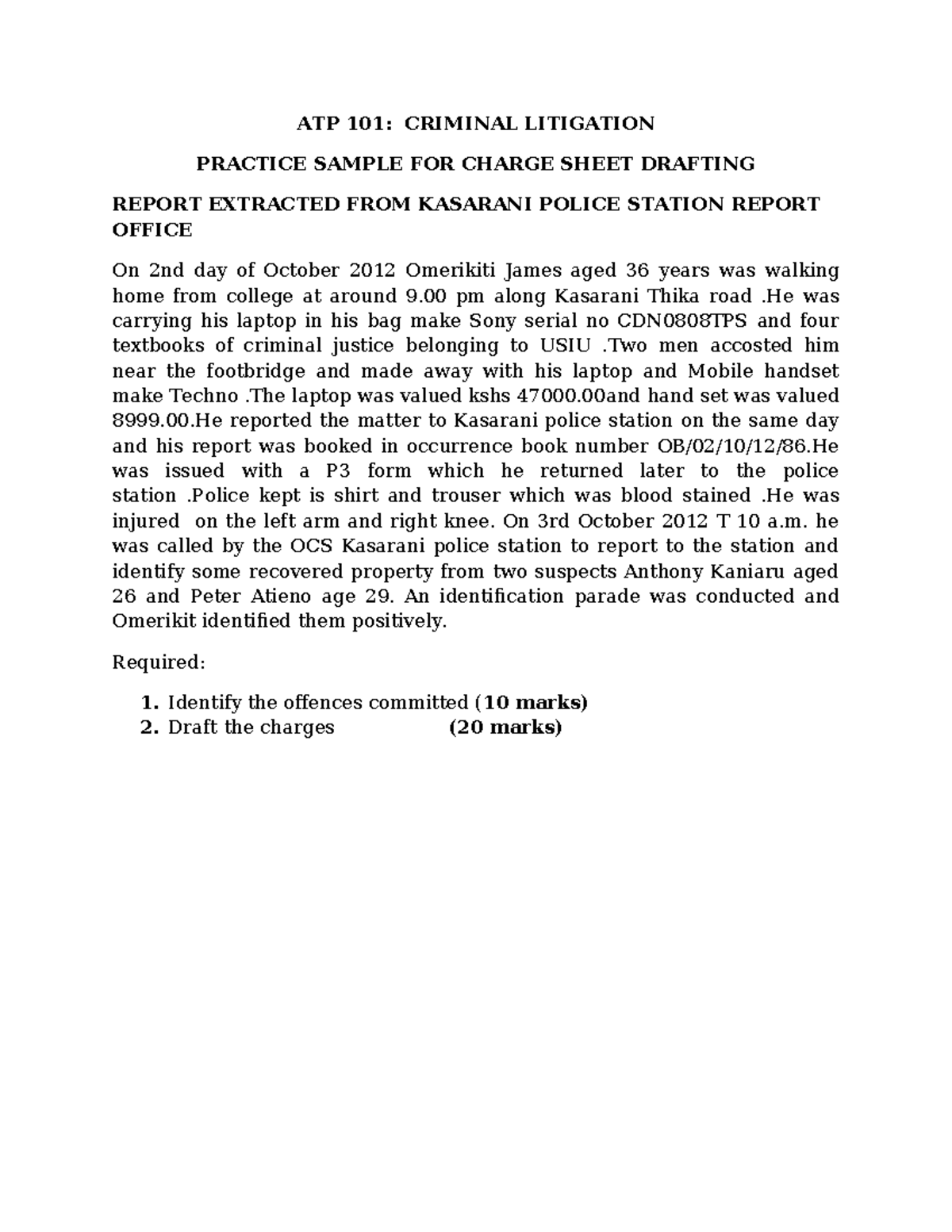 Charge Sheet Drafting Sample for ATP 101 Criminal Litigation - Studocu