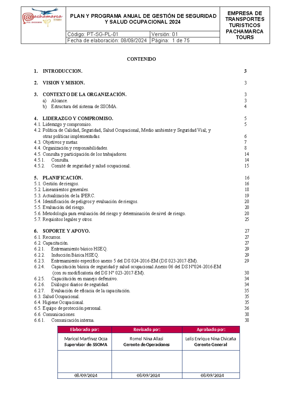 PLAN Y PROGRAMA ANUAL DE GESTIÓN DE SEGURIDAD Y SALUD OCUPACIONAL 2024 ...