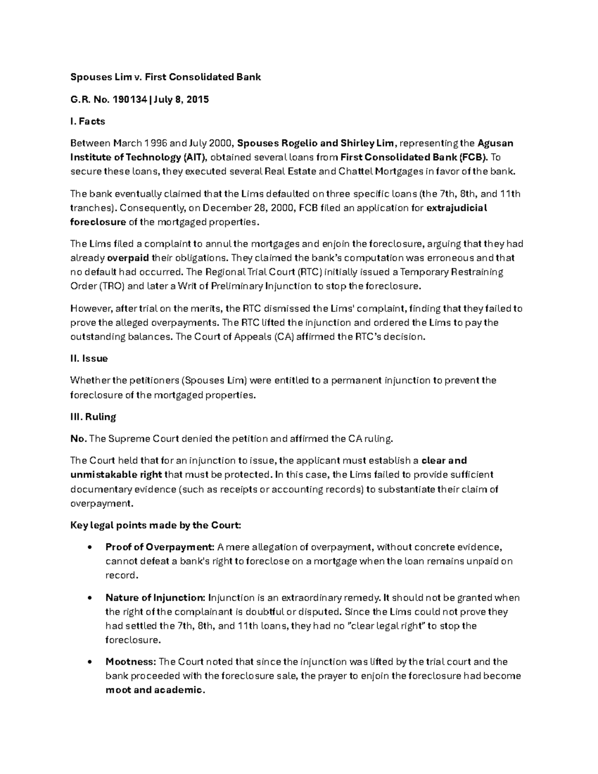 Rule 58 Case Digests: Injunctions and Foreclosure Issues - Studocu