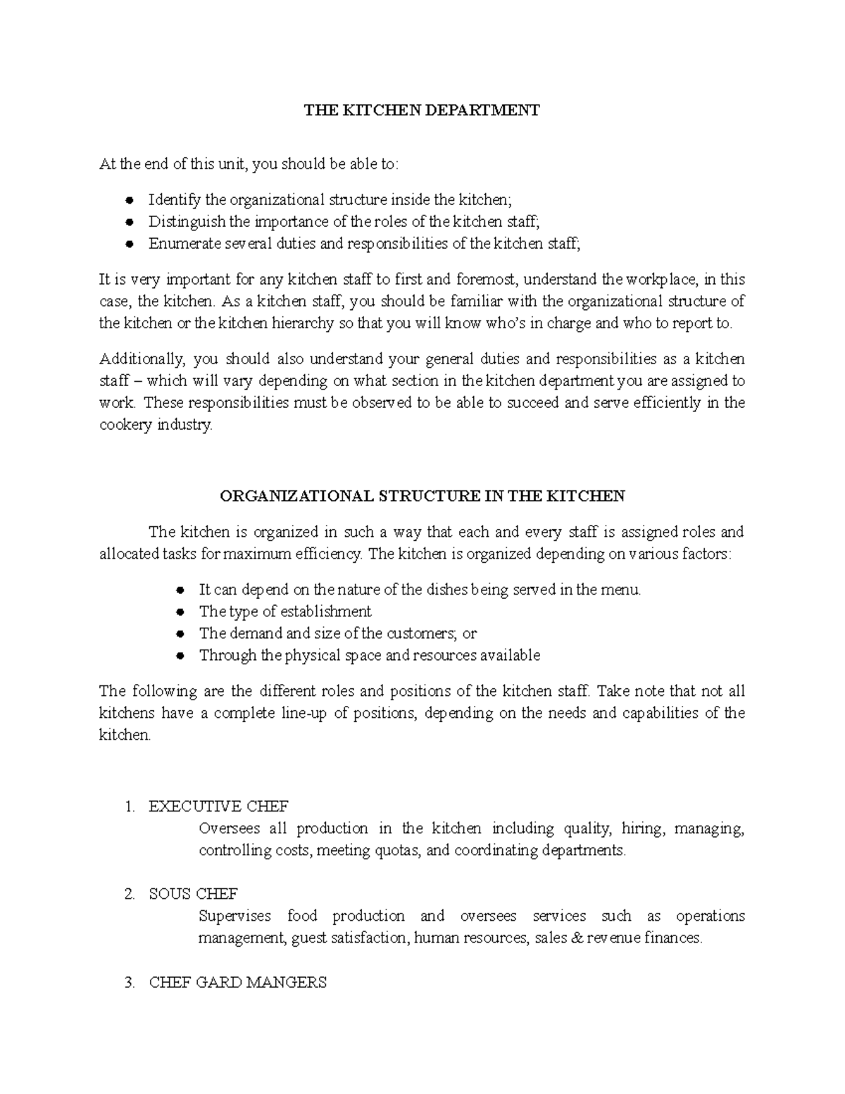HMPE-02 Prelim: Understanding Kitchen Organization and Roles - Studocu
