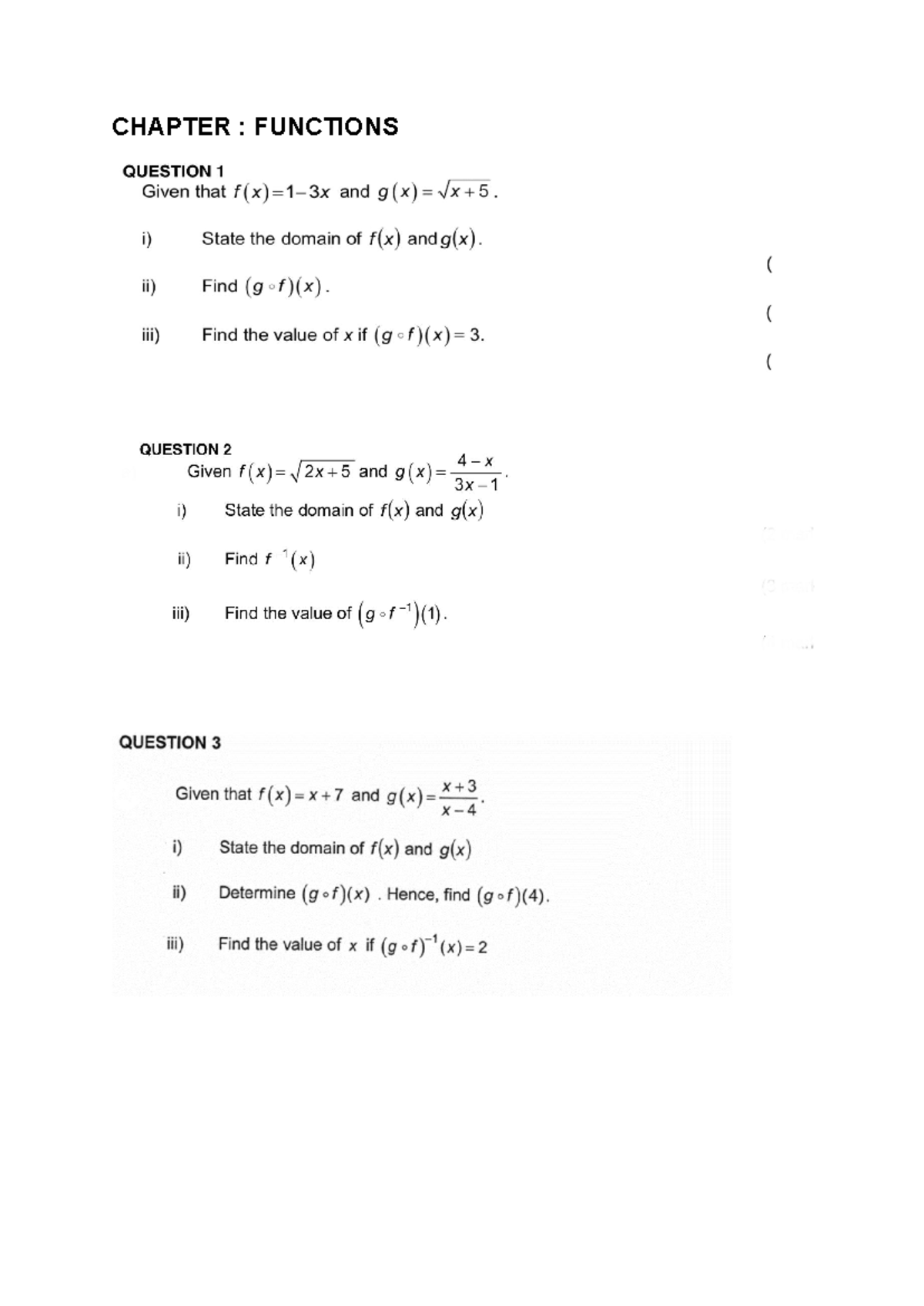 CHAPTER: FUNCTIONS - Domain and Composition Questions - Studocu