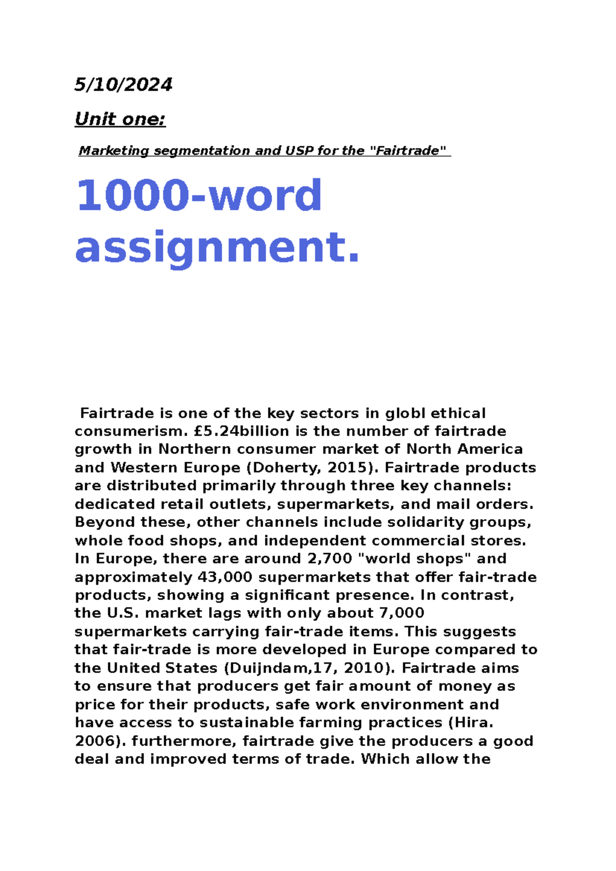 Assignment 1 - Marketing Segmentation and USP for Fairtrade Products ...