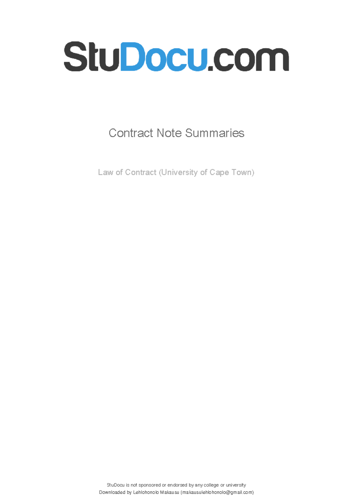 Contract Note Summaries for Law of Contract - UCT (Final Exam) - Studocu