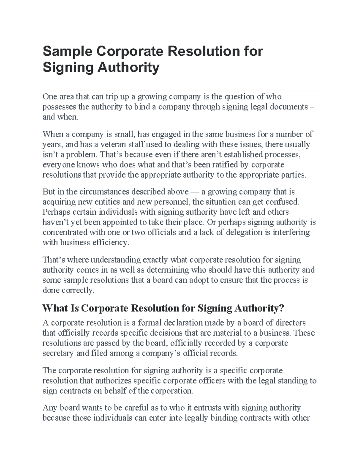 2022 Sample Corporate Resolution for Signing Authority Documentation ...