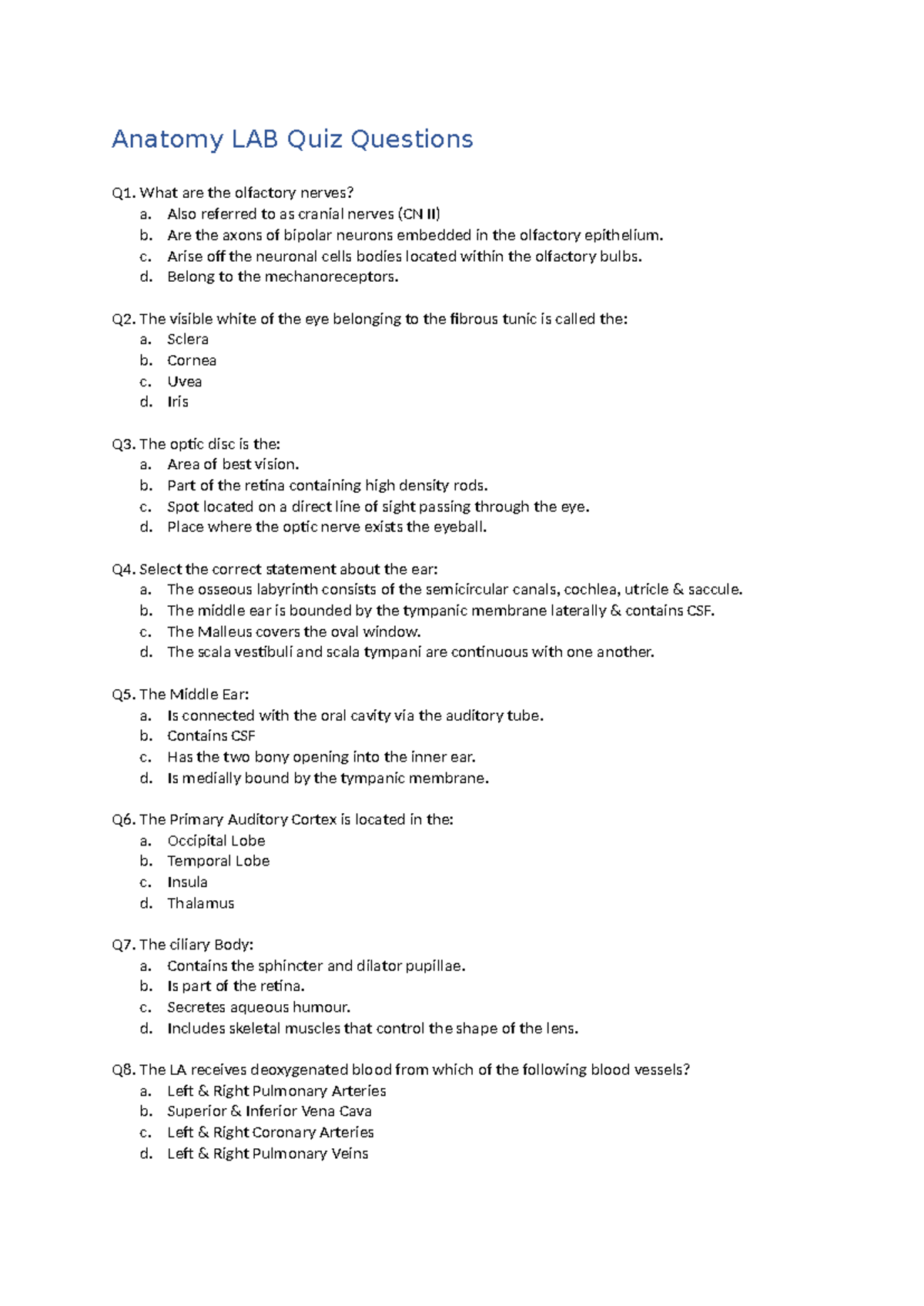 Anatomy LAB Quiz Questions and Answers for Review - Studocu