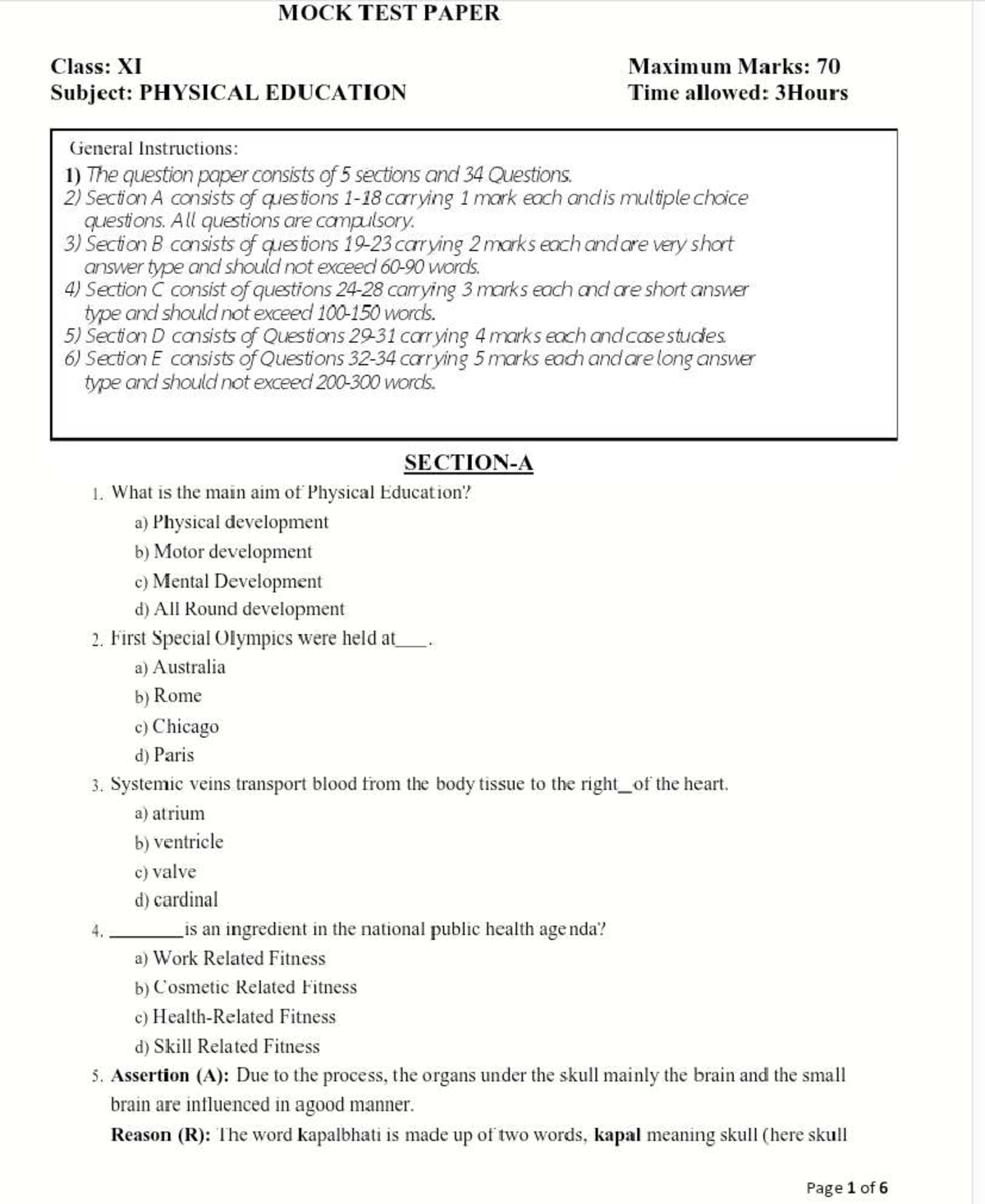 MOCK TEST PAPER Class XI: PHYSICAL EDUCATION (Max Marks: 70) - Studocu