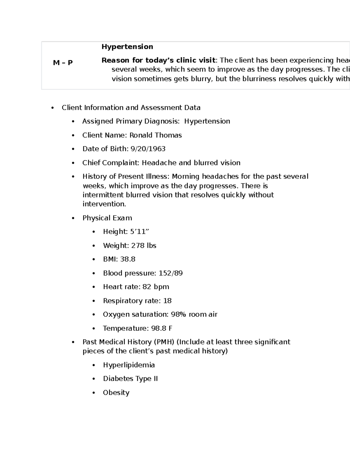 Hypertension Management Case Study: Ronald Thomas (Week 2 Discussion ...