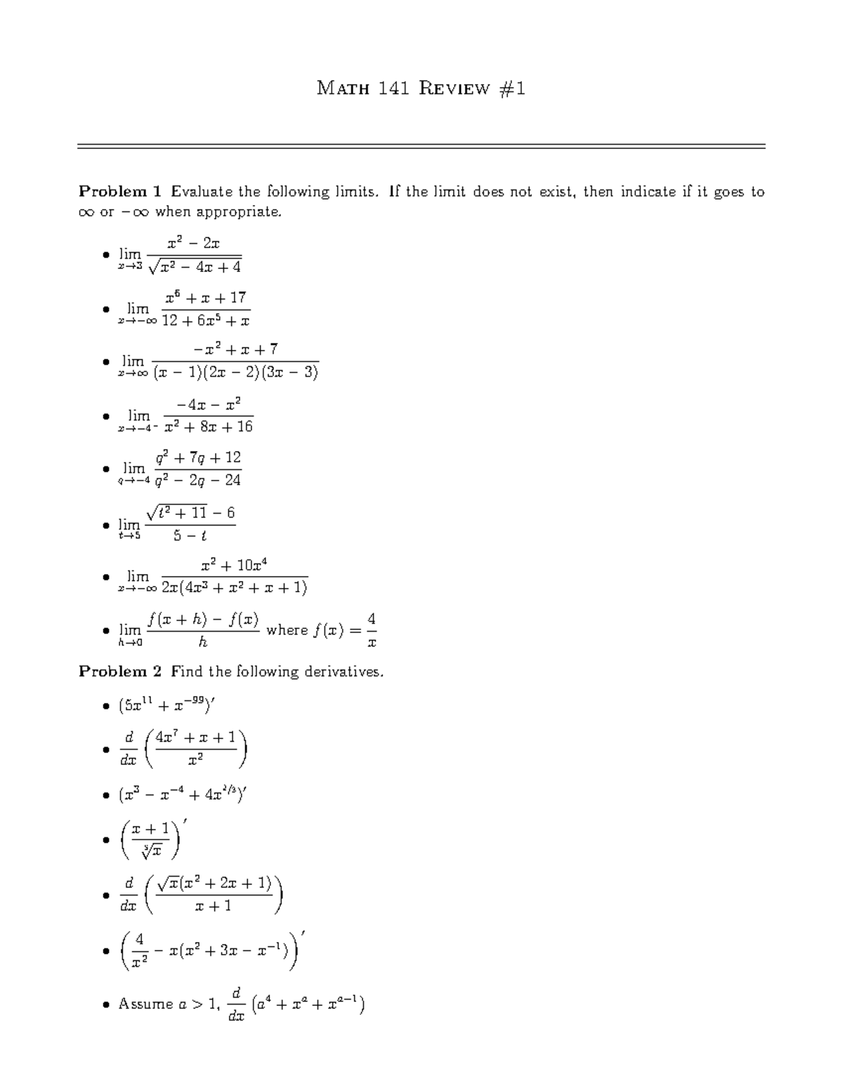 Math 141 Review #1: Limits & Derivatives Analysis - Studocu