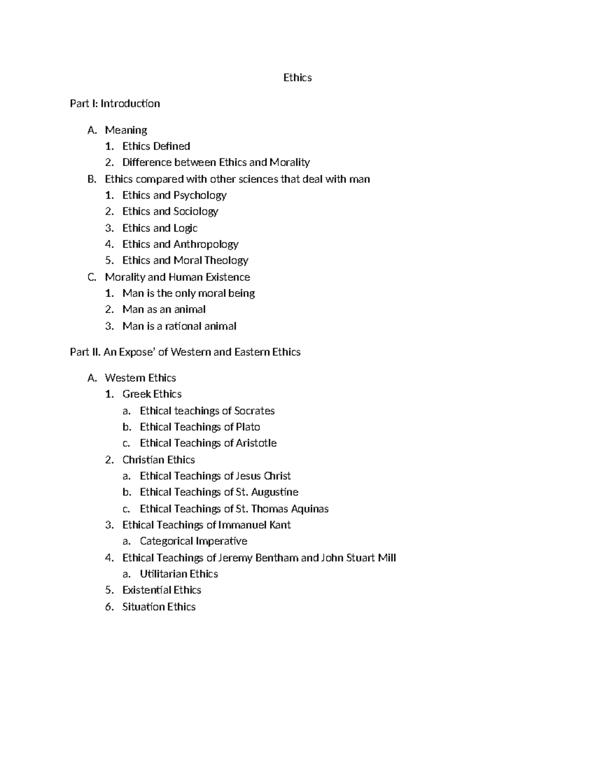 Ethics Course Outline: Key Concepts & Comparative Studies - Studocu