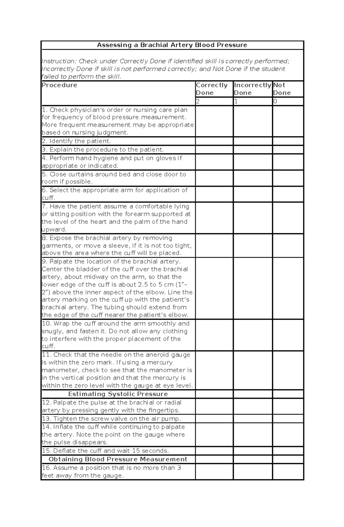 BP- Checklist - none - Assessing a Brachial Artery Blood Pressure ...