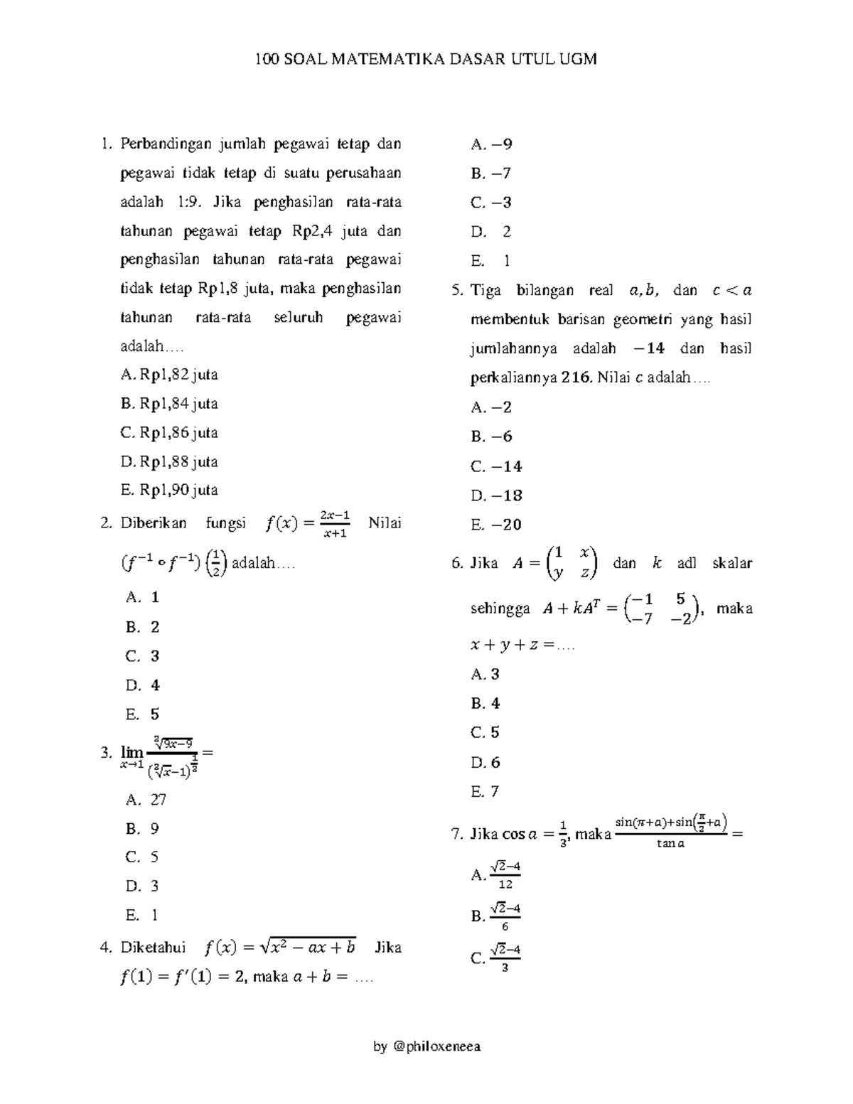 100 SOAL MATEMATIKA DASAR UTUL UGM - Pengetahuan Umum - Studocu
