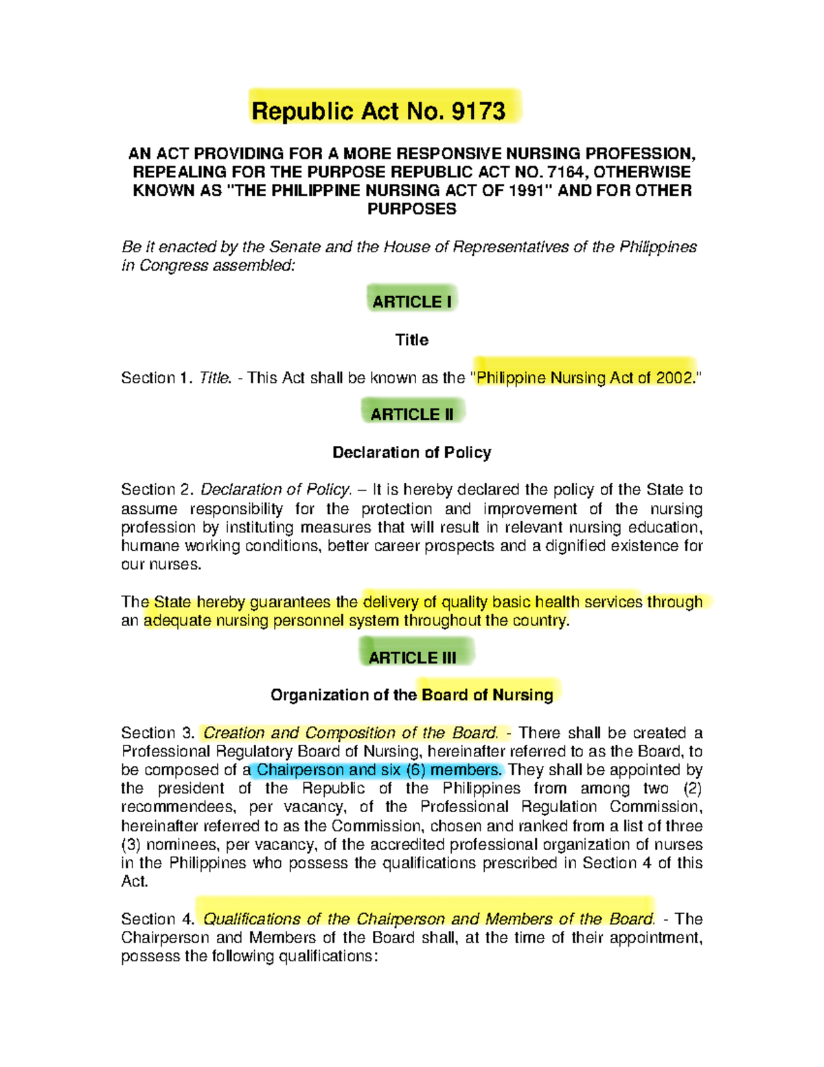 RA 9173 - Philippine Nursing Act: Key Provisions and Implications - Studocu