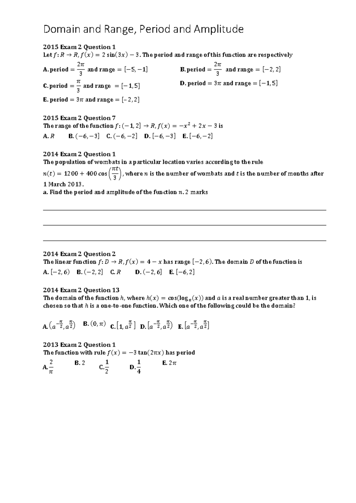 Domain and Range, Period & Amplitude: 2015 Exam 2 Insights - Studocu