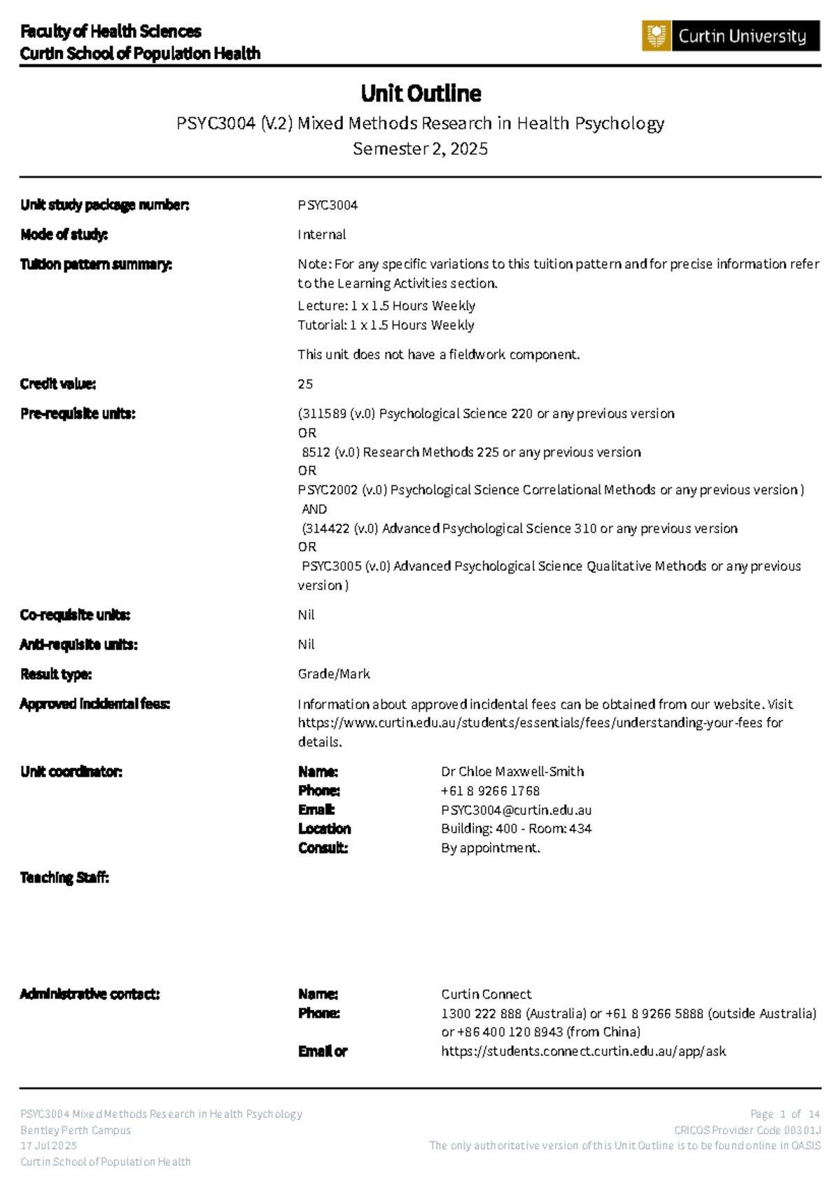 PSYC3004 Unit Outline: Mixed Methods Research in Health Psychology 2025 ...