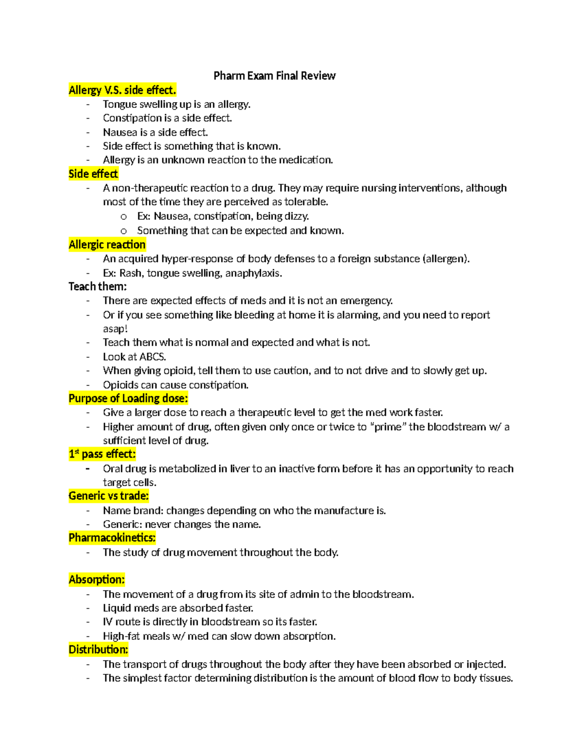 Pharm 101 Final Exam Review: Allergies vs. Side Effects - Studocu
