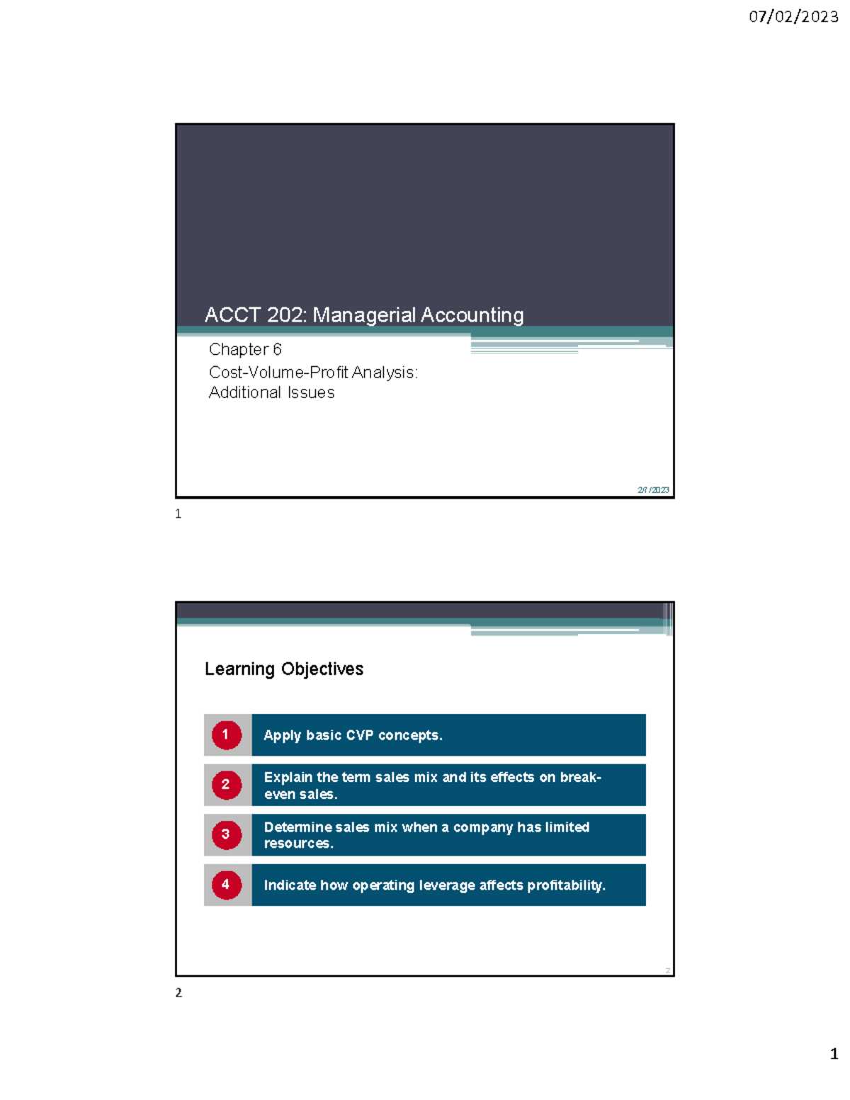 ACCT 202: Managerial Accounting Chapter 6 - CVP Analysis and Sales Mix ...