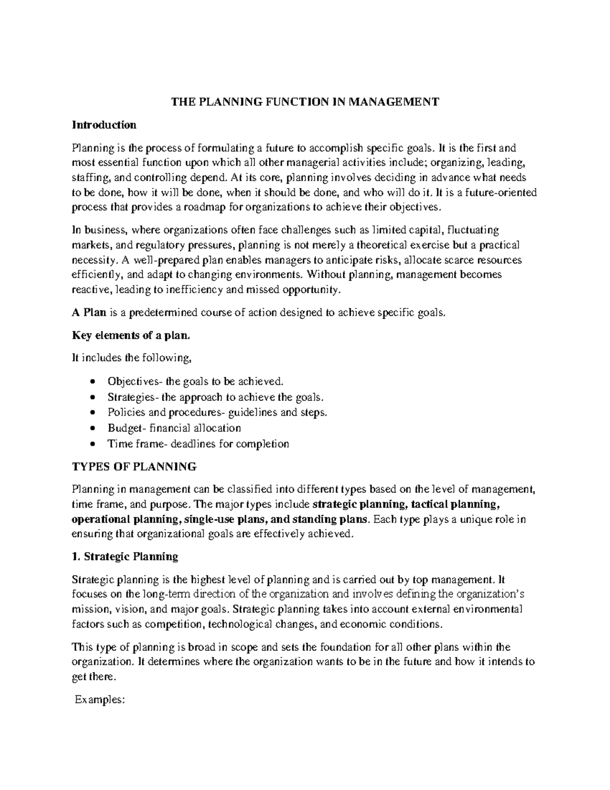 Planning in Management: Key Concepts and Functions (MGMT 101) - Studocu
