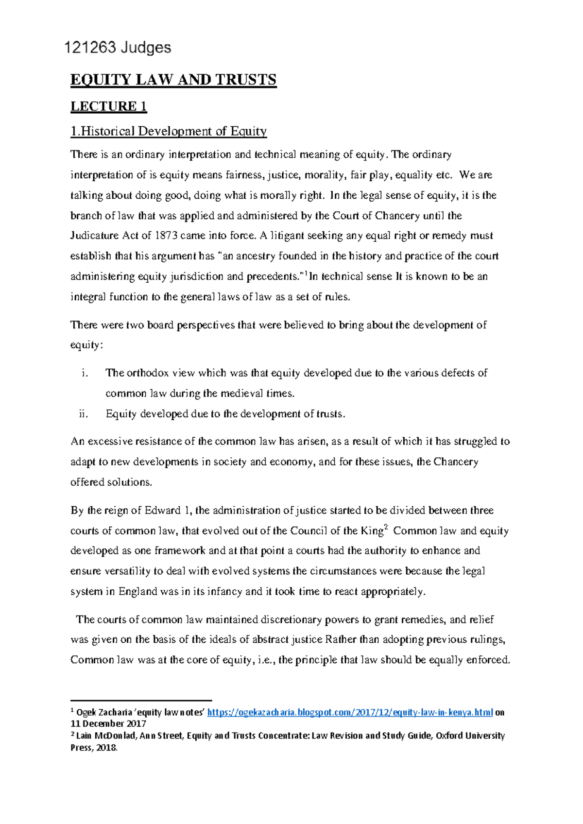 Equity LAW AND Trusts Lecture Notes - Historical Developments Overview ...