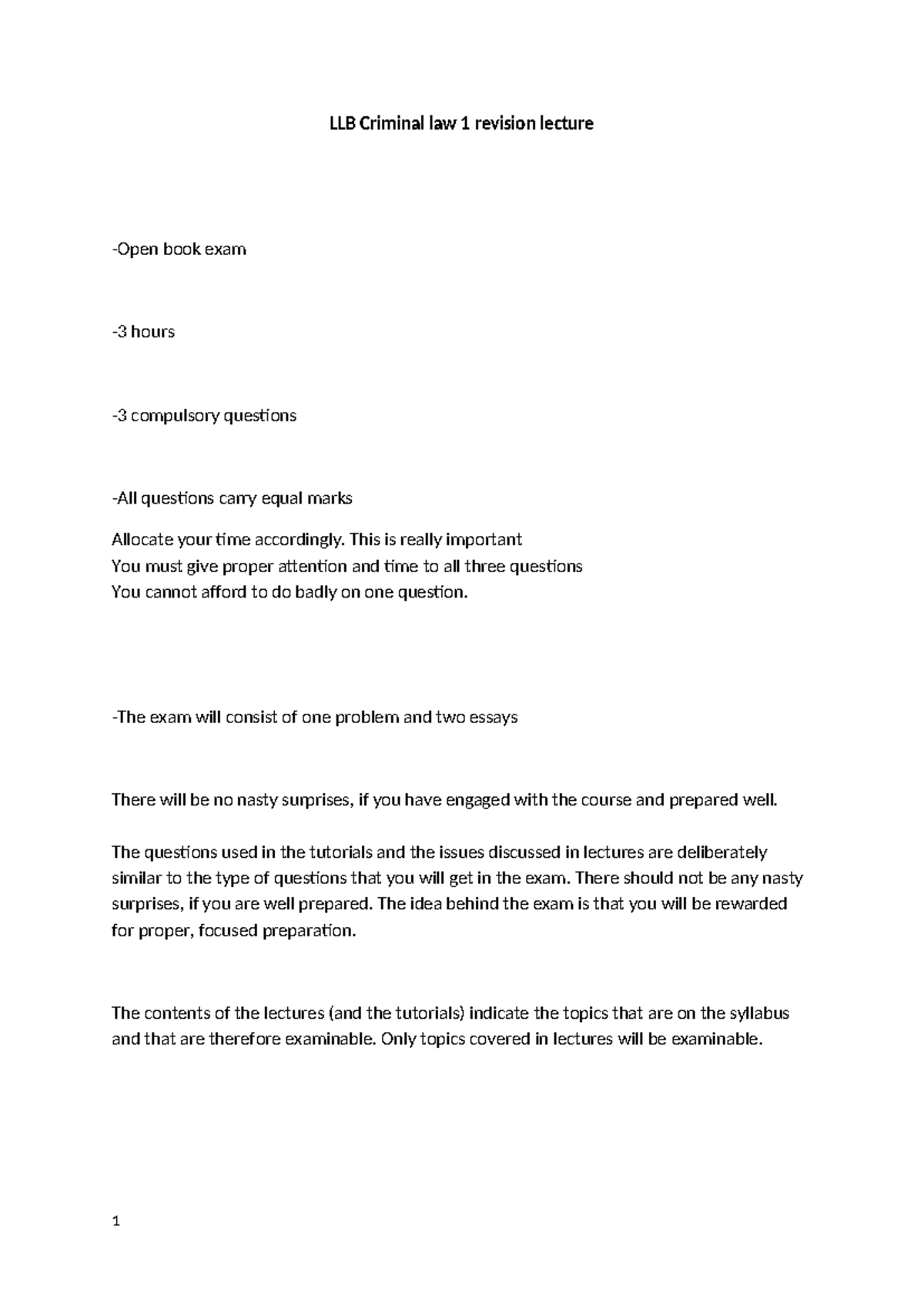 LLB Criminal Law 1 Final Exam Revision Notes and Key Topics - Studocu