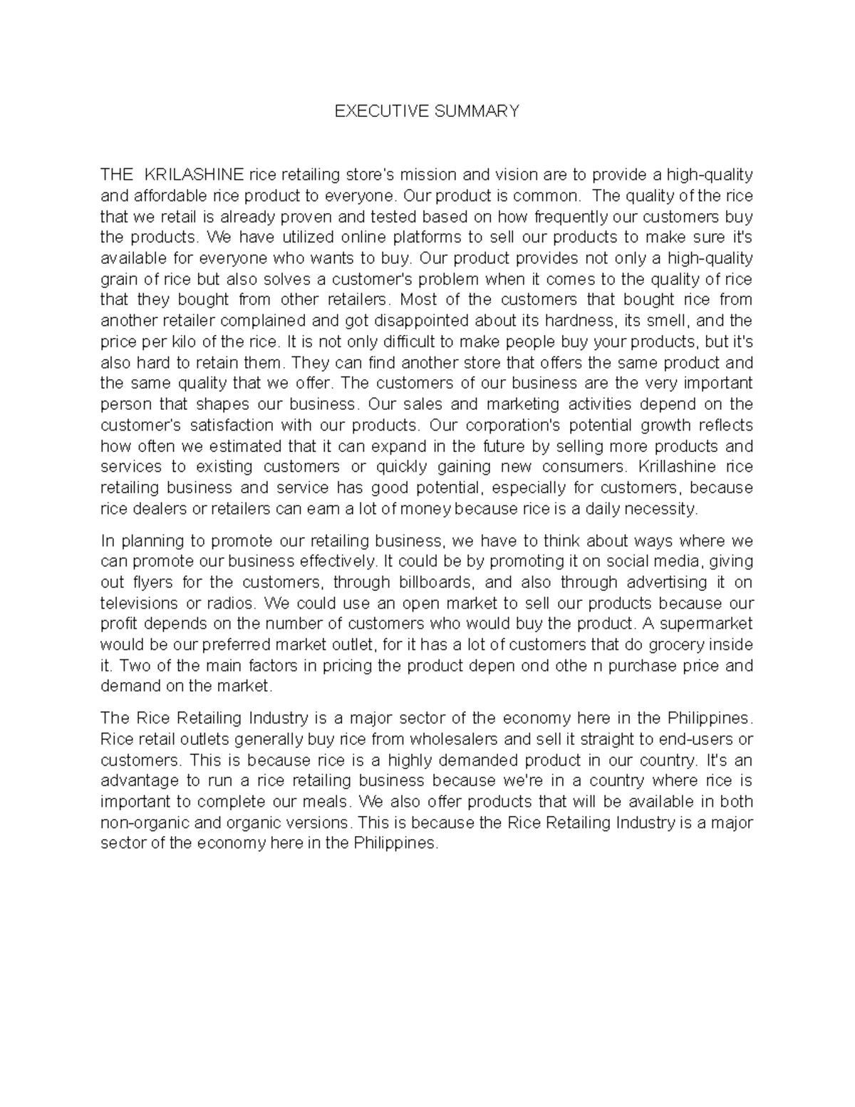 Business Plan Draft: Krilashine Rice Retailing Mission & Vision - Studocu